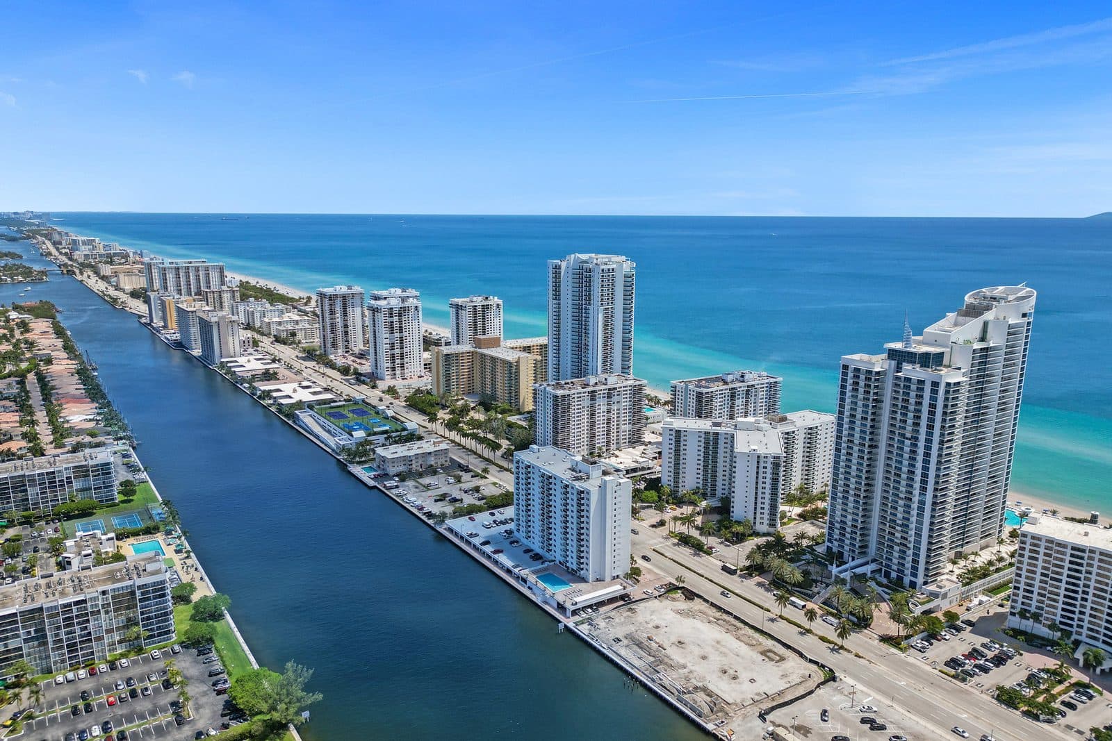 Waterfront towers and canals in Aventura, seen from above