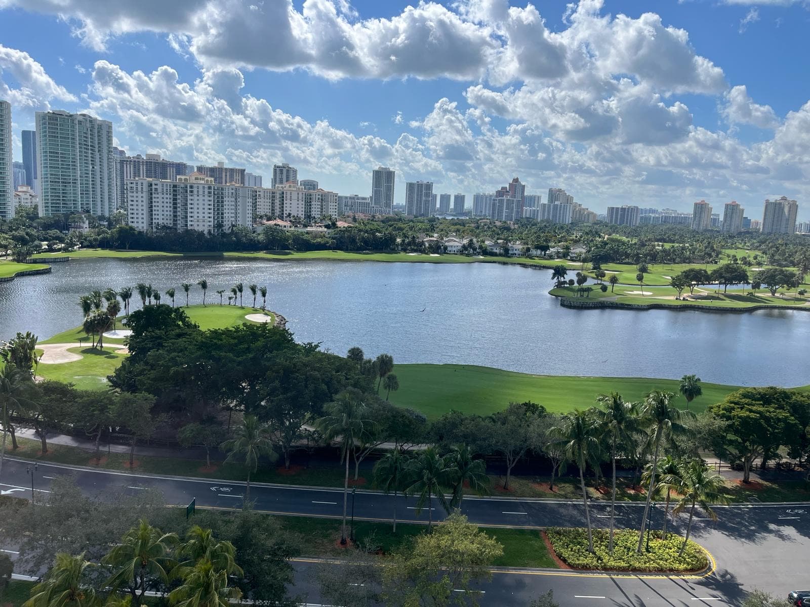 Golf course fairways and lakes, seen from above